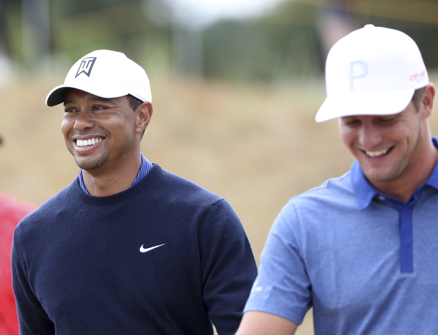 Tiger Woods and Bryson DeChambeau during a practice round at Carnoustie, Scotland.