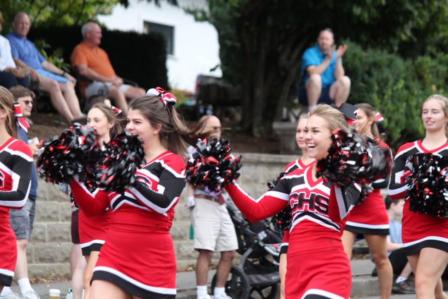 Camas High School’s cheerleaders and marching band always bring a dose of enthusiasm and excitement to the Grand Parade on Saturday.