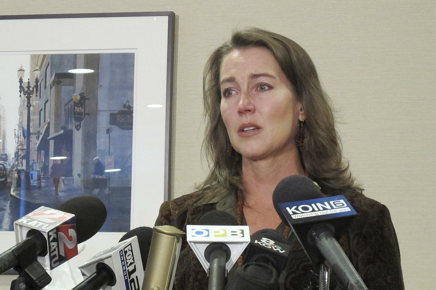 Cylvia Hayes, fiancee of Oregon Gov. John Kitzhaber, speaks at a news conference in Portland, Ore., on Oct. 9, 2014. Hayes has sought protection from her creditors in bankruptcy court by filing for Chapter 13 bankruptcy protection Tuesday.