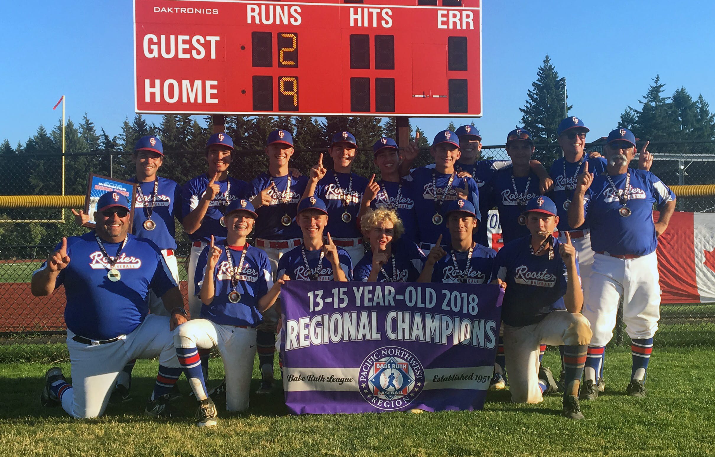 The KWRL Centerfield Roosters won the 13-15 year-old Babe Ruth Pacific Northwest Regional on Saturday, July 28, 2018, to advance to the World Series in Longview.