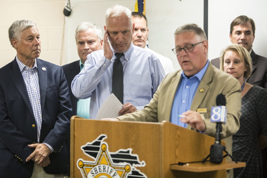 Kalamazoo County Sheriff Richard Fuller speaks during a press conference about the high levels of Perfluoroalkyl and polyfluoroalkyl substances, PFAS, found in the drinking water of Parchment and Cooper Township at the Emergency Management Office inside the Kalamazoo County Sheriff Department in Kalamazoo, Michigan on Thursday, July 26, 2018.