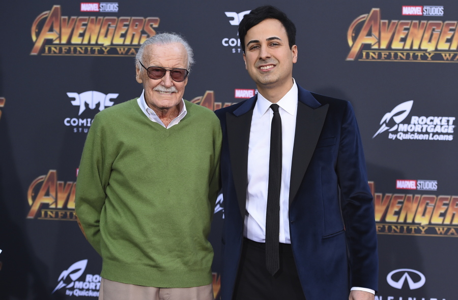 Stan Lee, left, and Keya Morgan arrive at the world premiere of “Avengers: Infinity War” in April in Los Angeles.