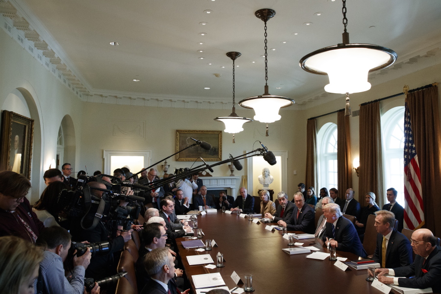 President Donald Trump speaks during a cabinet meeting at the White House in Washington. Trump’s cabinet offers its members broad opportunities to reshape the government and advance a conservative agenda. But that comes with everyday doses of presidential adulation, humiliation, perks and pestering. Sometimes all at roughly the same time.