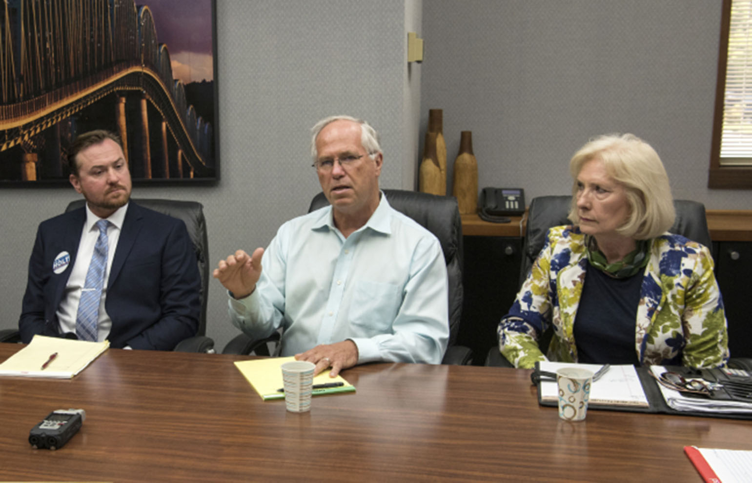 Candidates for Clark County Council chair Eric Holt, from left, Marc Boldt and Eileen Quiring meet with The Columbian’s Editorial Board in early July.