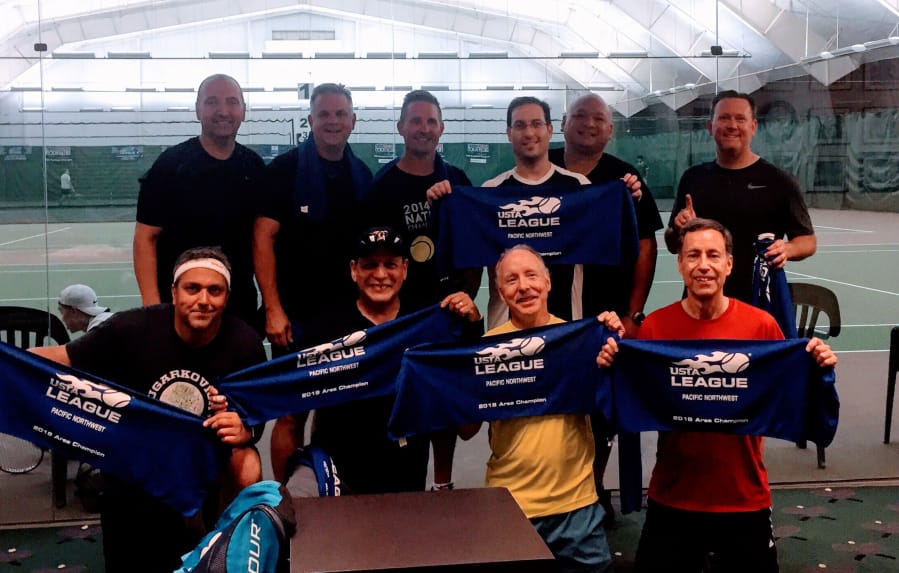 Vancouver Tennis Center 4.0-level over-40 team will be playing in the USTA Pacific Northwest Sectional tournament. Pictured are (back row from left): Michael Kazangian, Steve Bruning, James Feeney, Jeff Berman, Richard Santos, and Shan Schannep; (front row from left): Manny Brar, Pete Aleman (Captain), Dr. Alan Jones, Vincent Scopacasa. Not pictured: Craig Evans, Shung Shin, Jeff Gulley, Everett Frank, Tyler Shoemaker.