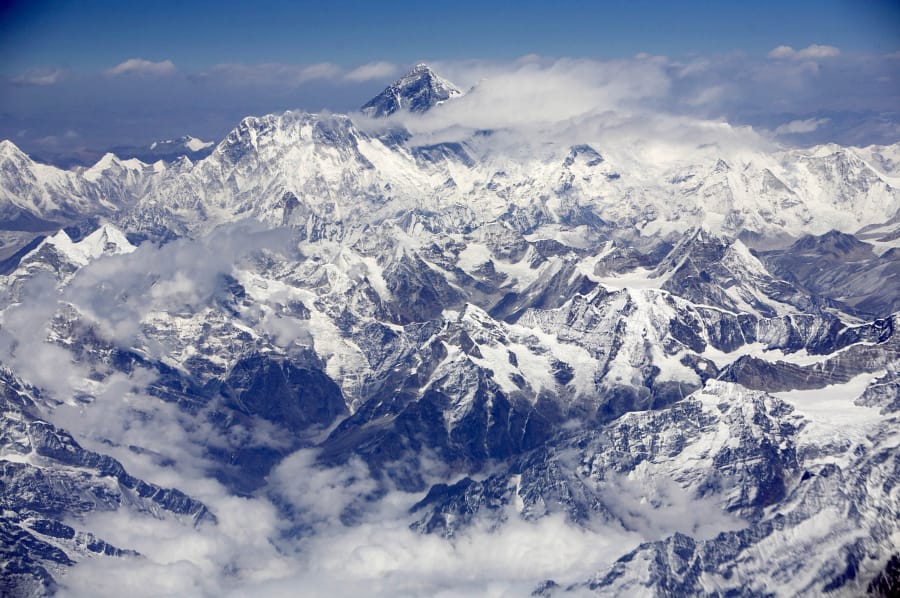 An aerial view shows Mount Everest, also known as the Sagarmatha, on the border between Nepal and Tibet.