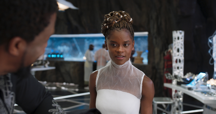From left, Chadwick Boseman and Letitia Wright in the film, “Black Panther.” (Marvel Studios)