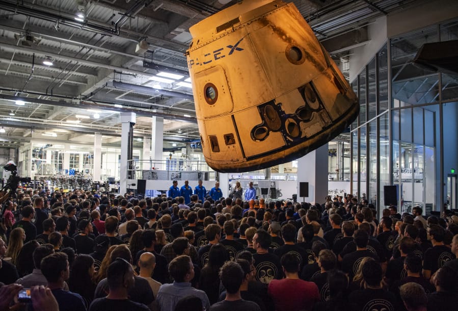 The first four NASA commercial crew astronauts who will crew the SpaceX Dragon capsule spoke with employees at the plant Monday in Hawthorne, Calif.