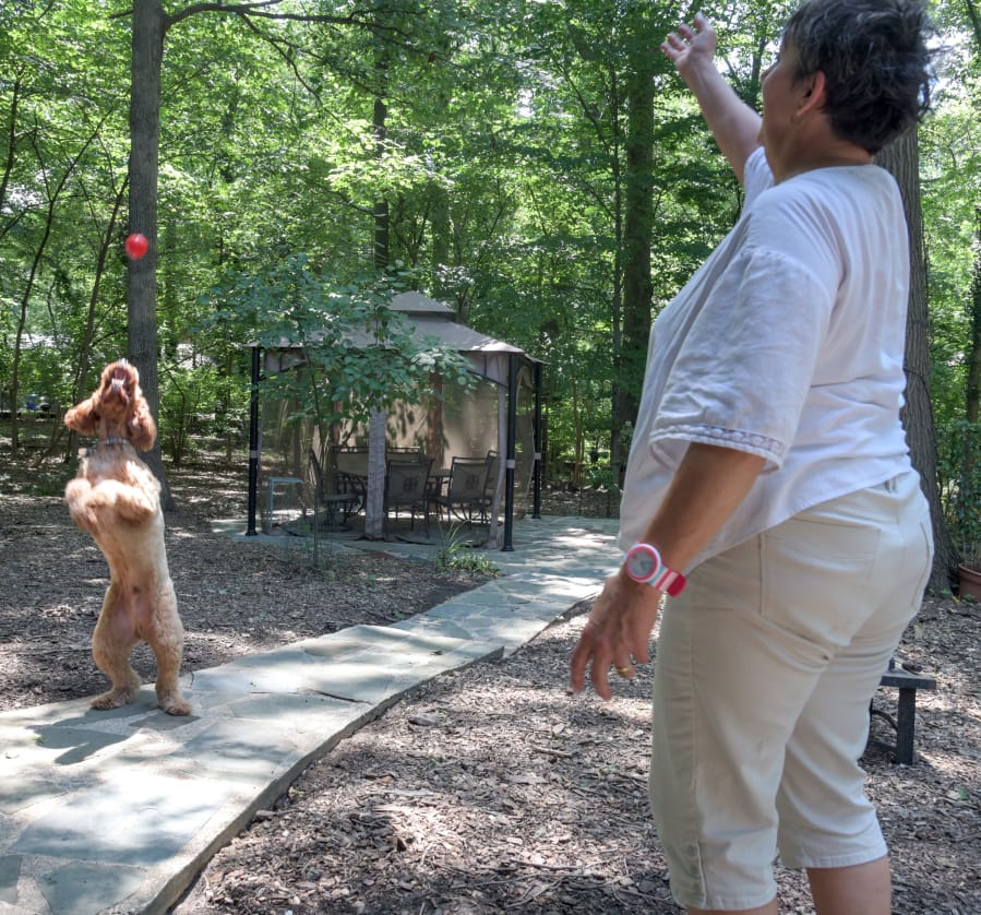 “Dogs and their people have this nonverbal bond and end up reading each other’s signals,” said Gayle Bragg, shown with her 3-year-old goldendoodle Hoot.
