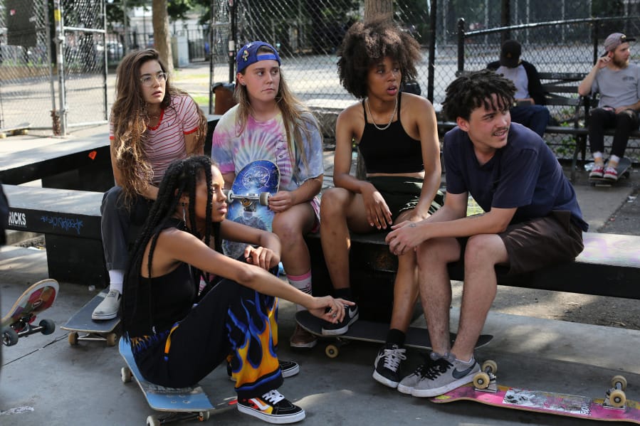 Rachelle Vinberg, from left, Ajani Russell, Nina Moran, Dede Lovelace and Alexander Cooper star in “Skate Kitchen.” Magnolia Pictures