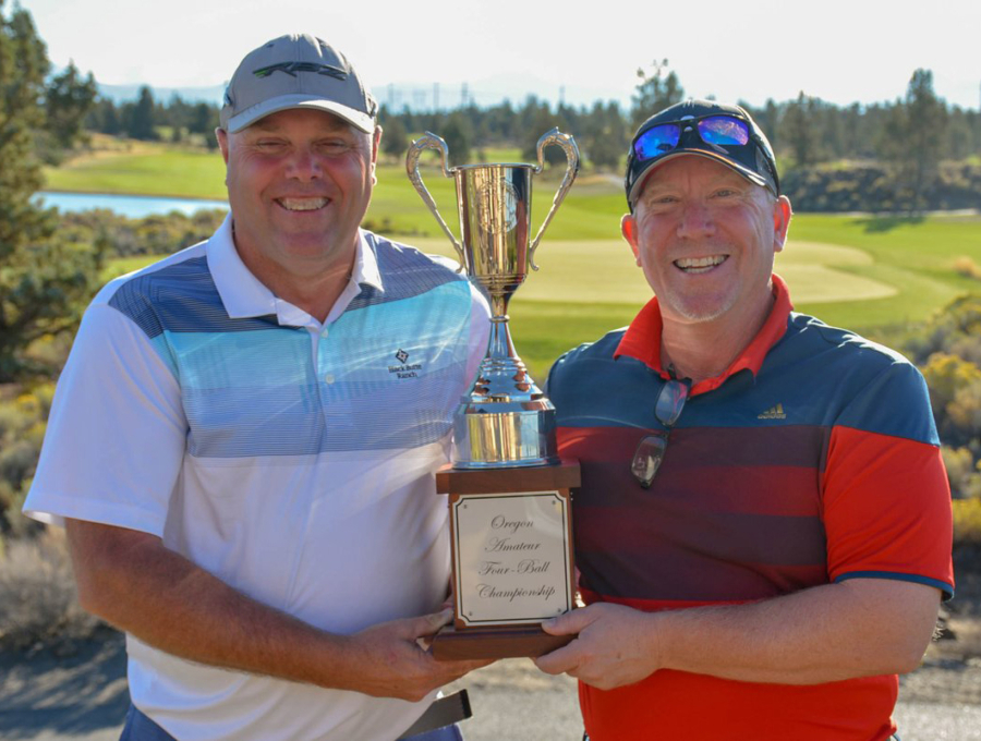 Phil Barricklow of Vancouver and Kirk Schwerzler of Camas, won the Senior Men’s division of the Oregon Amateur Four-Ball Championship on Monday, Aug. 27, 2018, at Juniper Golf Course in Redmond, Ore. It is their first Oregon Golf Association title.