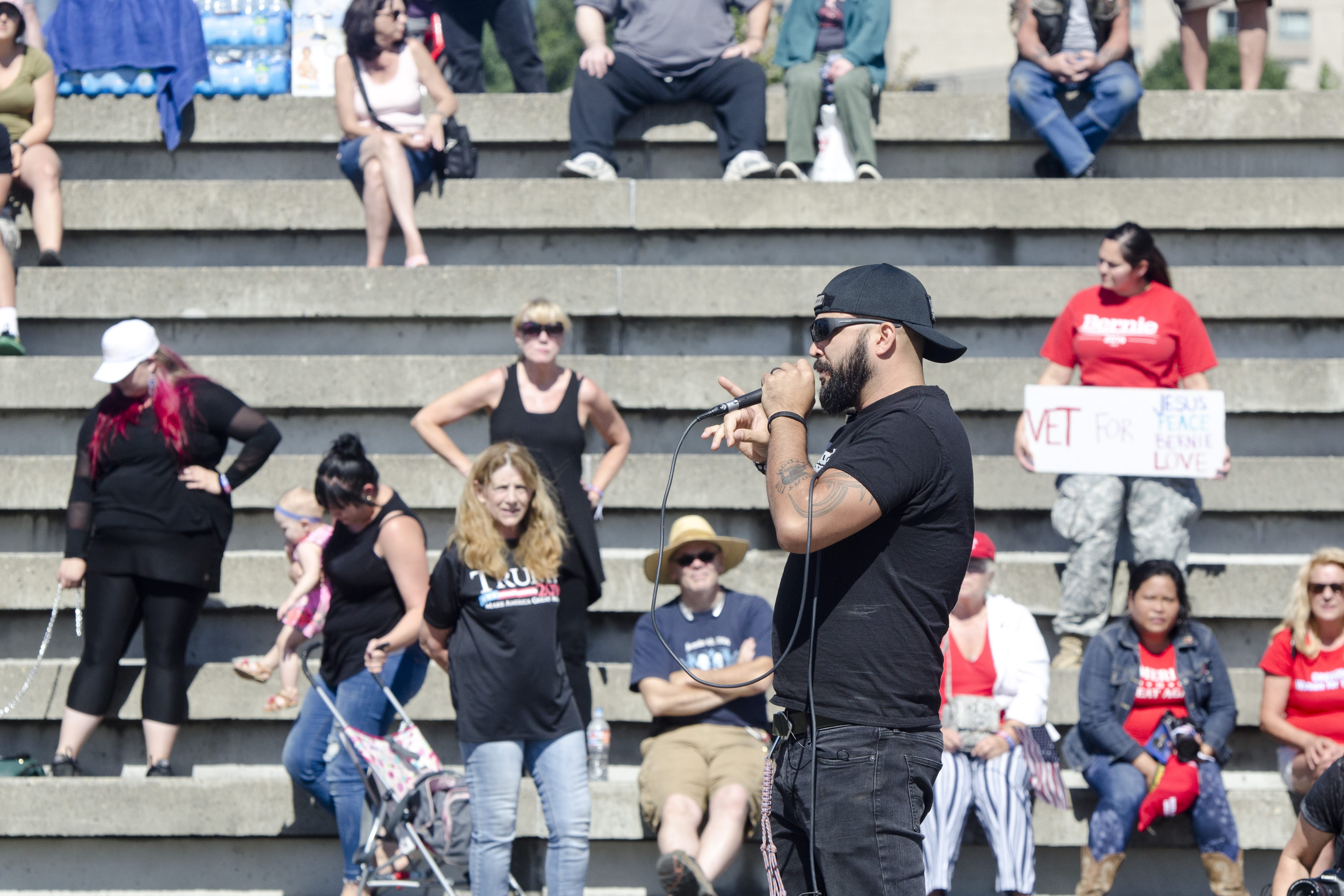 Joey Gibson speaks at a rally held by his Patriot Prayer Group at the Port of Vancouver Amphitheater in September. The event was moved to Vancouver from Portland in an attempt to avoid protesters.
