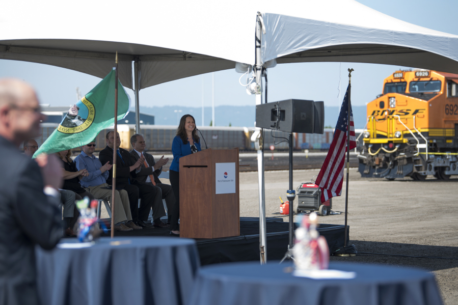 Port of Vancouver CEO Julianna Marler speaks during the grand opening ceremony of the West Vancouver Freight Access project on July 31. With the completion of that project, port commissioners are considering modifying the port’s vision statement to better include the community.