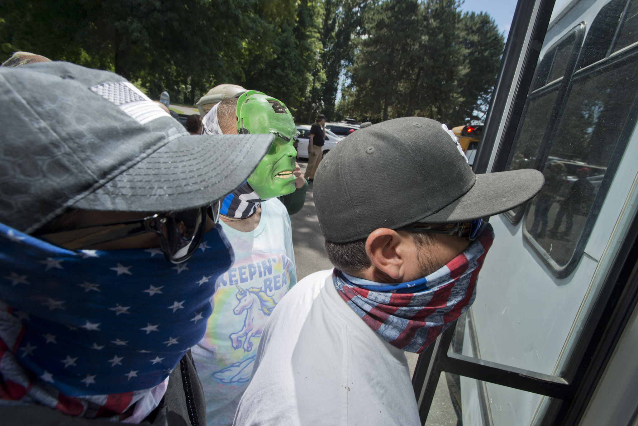 The Patriot Prayer movement, headed by Joey Gibson, gathers in Vancouver on Aug. 4 to board buses to take them to Gibson's speech at Tom McCall Waterfront Park in Portland. Patriot's Prayer, Proud Boys, and the Three Percenters load into transport buses headed to the Portland protest. Citing the potential for violence, Southwest Washington Communities United for Change canceled a planned rally scheduled for Saturday that was intended to be a show of unity and condemnation of what it says is growing racism in the area. An organization press release in advance of the now-canceled event specifically mentioned the Aug. 4 rally for Gibson.