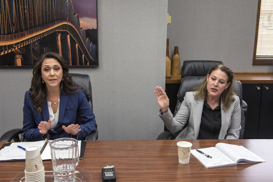 Incumbent U.S. Rep. Jaime Herrera Beutler, R-Battle Ground, left, and Candidate Carolyn Long spoke to The Columbian Editorial Board at The Columbian Offices on Aug. 8.