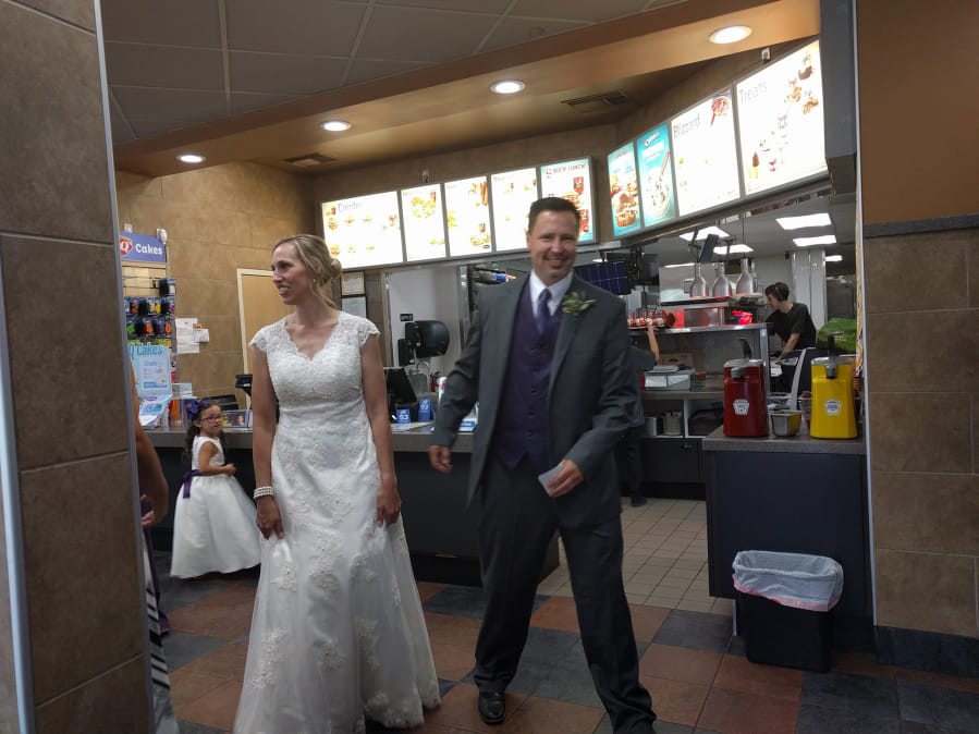 Yacolt: After getting married at Moulton Falls Bridge, Lynn LaBeau McNally and Keith Kent and their 44 wedding guests took a party limo to Dairy Queen for ice cream.
