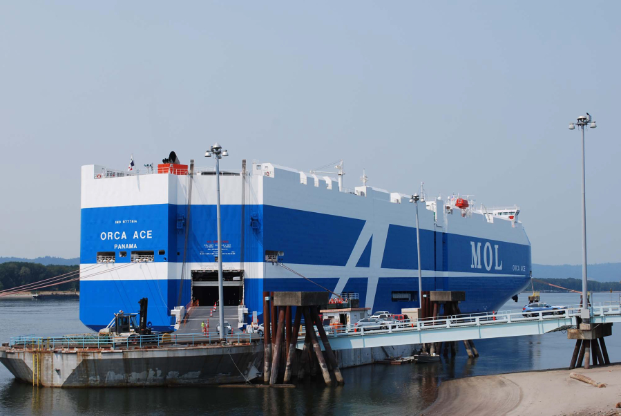 The Orca Ace, a “next-generation” car carrier, stops in Vancouver on Wednesday after its maiden voyage across the Pacific Ocean. Around 2,300 Subaru vehicles were unloaded before the ship departed for San Diego.
