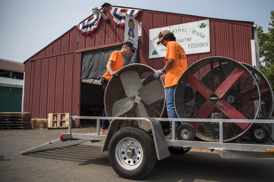 Connor Flolo, left, and Wyatt Samson, both 17 and of Camas, pick up fans Monday morning from the animal barns at the Clark County Fairgrounds in Ridgefield. About 70 fans were divided between the barns to help keep animals cool during a heat wave that lasted through most of the fair.