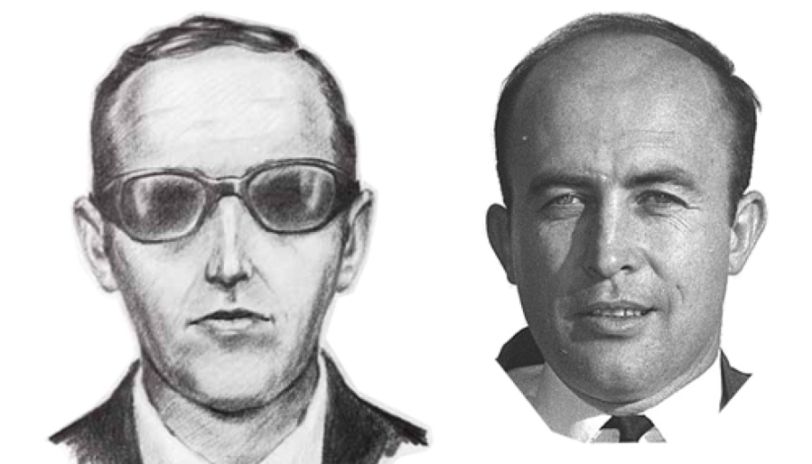 An artist’s rendition of plane hijacker D.B. Cooper, left, and a photo from around that time of Sheridan Peterson.