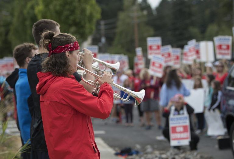 Members of the Hockinson High School pep band show their support for striking teachers with a spirited version of the school fight song outside Hockinson Middle School on Friday morning, Aug. 31, 2018.