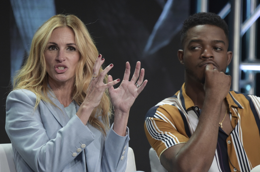 Julia Roberts, left, and Stephan James participate in the “Homecoming” panel during the TCA Summer Press Tour on Saturday, July 28, 2018, in Beverly Hills, Calif.