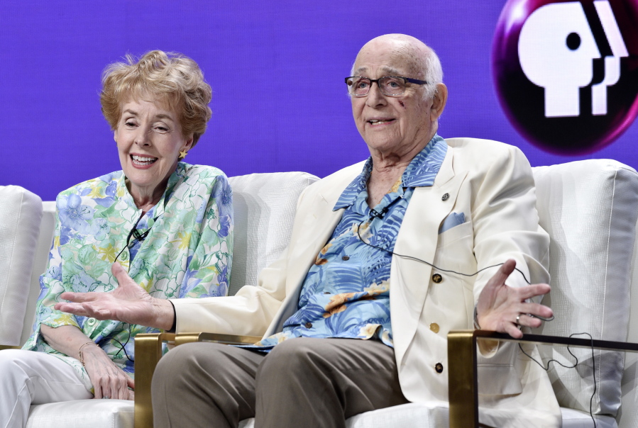 Actors Gavin MacLeod, right, and Georgia Engel take part in a panel discussion on the PBS special “Betty White: First Lady of Television” during the 2018 Television Critics Association Summer Press Tour at the Beverly Hilton, Tuesday, July 31, 2018, in Beverly Hills, Calif.