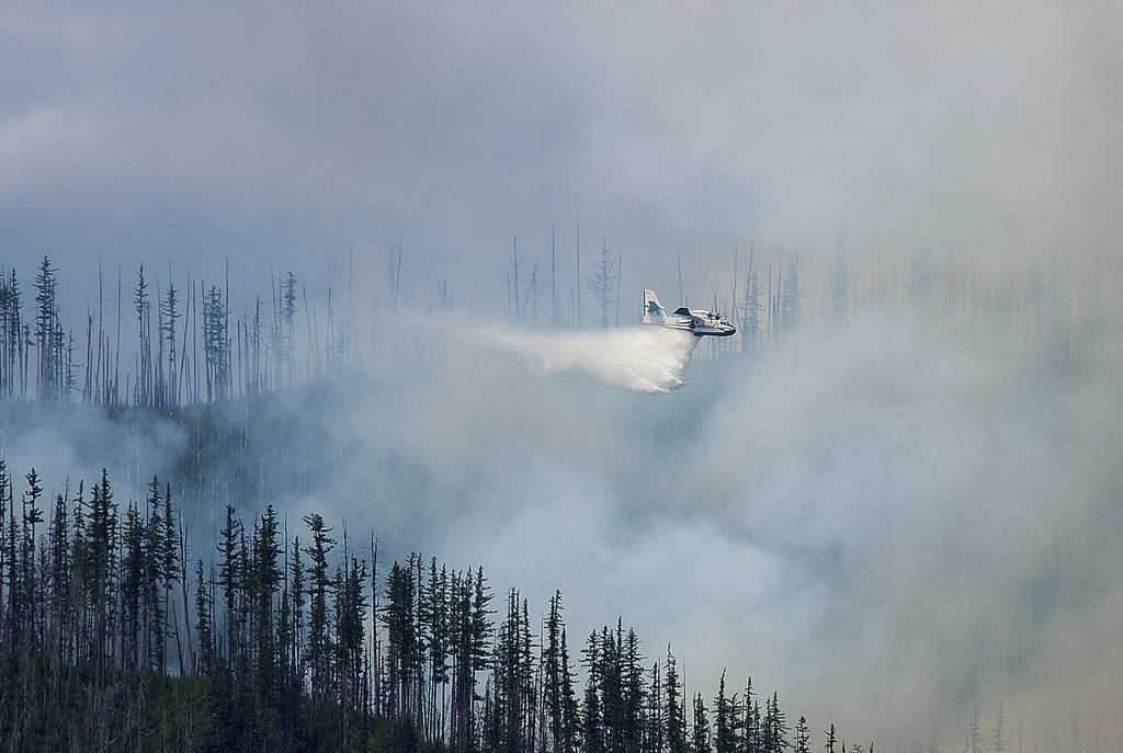 In this photo taken Sunday, Aug. 12, 2018, an air tanker drops water over a wildfire burning in Glacier National Park, Mont. The fire was started by lightning on Saturday night and forced the evacuation of the Lake McDonald Lodge and closed part of the scenic Going-to-the-Sun Road in the park.