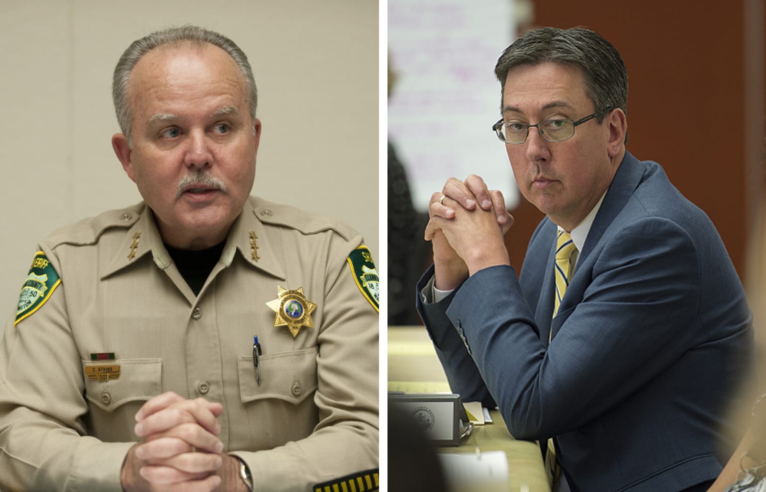 Clark County Sheriff Chuck Atkins, left, and Prosecuting Attorney Tony Golik released a joint statement Wednesday regarding bigotry and hate in the community.