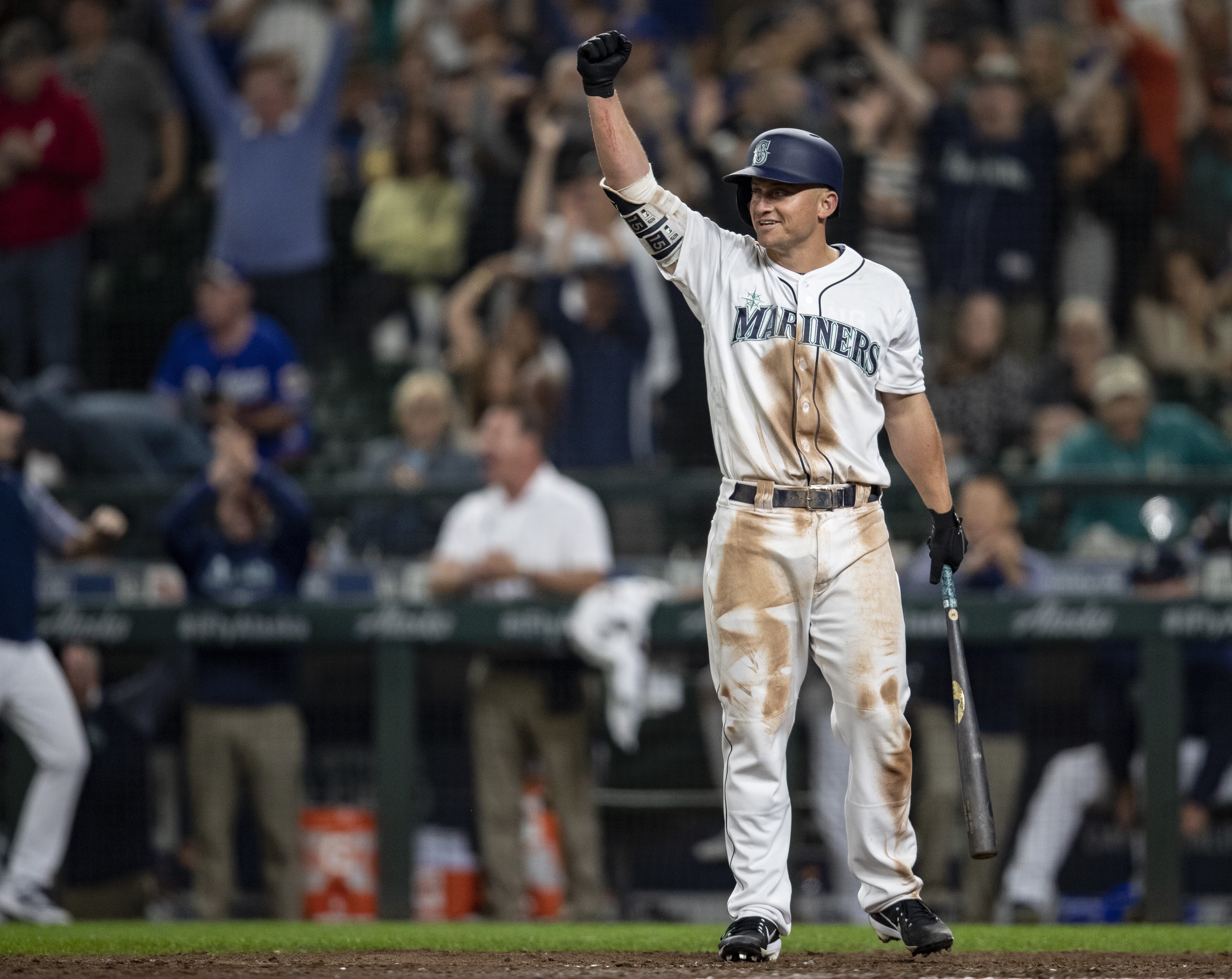 Seattle Mariners' Kyle Seager reacts after a balk was called on Los Angeles Dodgers relief pitcher Dylan Floro allowing Cameron Maybin to score from third base during the tenth inning of a baseball game, Saturday, Aug. 18, 2018, in Seattle. The Mariners won 5-4 in 10 innings.