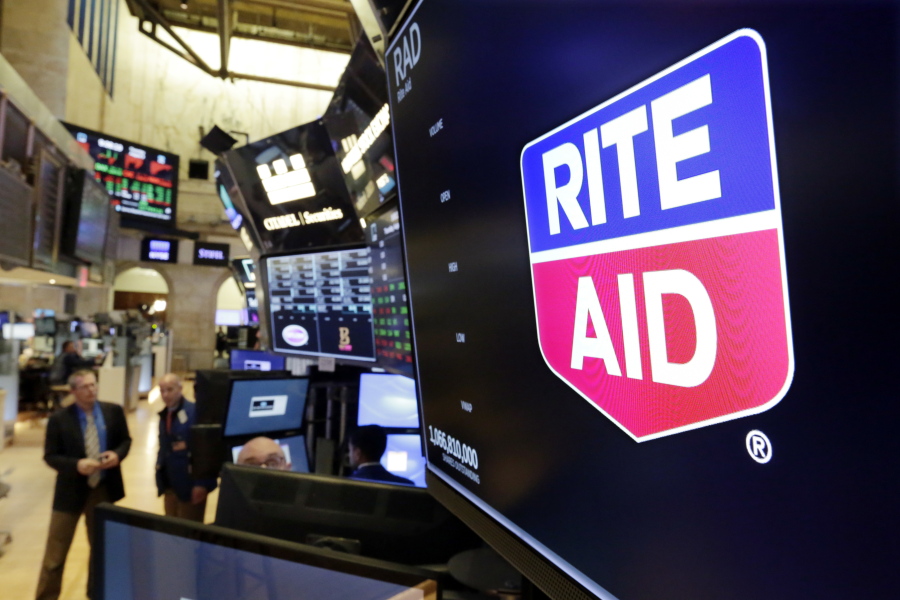 The Rite Aid logo is displayed above a trading post on the floor of the New York Stock Exchange on Thursday.