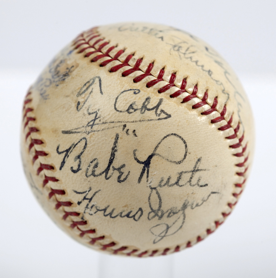 A baseball with the signatures of Babe Ruth, Ty Cobb, Honus Wagner and eight other legends of the game that has sold for more than $600,000. The players all signed the ball on the same day in 1939, when they had gathered to become the first class to enter the Baseball Hall of Fame. SCP Auctions said Monday, Aug. 13, 2018, that it has sold for just over $623,000. That crushes the previous record of $345,000 for a signed ball, set in 2013.