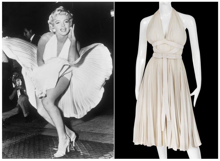 This combination photo shows actress Marilyn Monroe posing over the updraft of a New York subway grate while filming “The Seven Year Itch” New York, left, and the dress she is wearing on a mannequin. The dress, created by Bill Travilla, is one of several items that will be up for auction in October 2018.