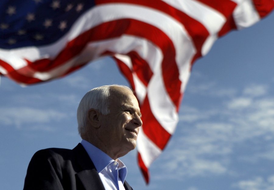 FILE - In this Nov. 3, 2008, file photo, Republican presidential candidate Sen. John McCain, R-Ariz., speaks at a rally in Tampa, Fla. Aide says senator, war hero and GOP presidential candidate McCain died Saturday, Aug. 25, 2018. He was 81.