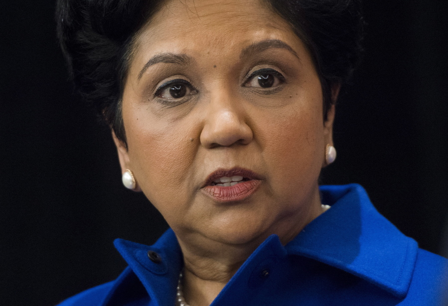 FILE - In this May 16, 2018, file photo, PepsiCo CEO Indra Nooyi meets with Prime Minister Justin Trudeau in New York. The longtime PepsiCo CEO is stepping down and she’Äôll be succeeded by seasoned PepsiCo executive Ramon Laguarta.