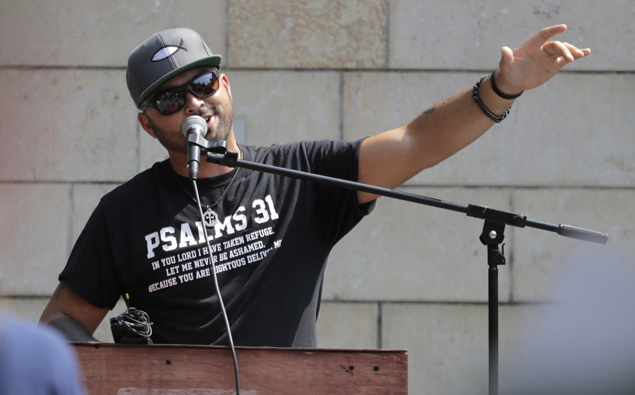 Joey Gibson, founder of the Patriot Prayer group, speaks at a rally supporting gun rights Aug. 18 at City Hall in Seattle. (AP Photo/Ted S.
