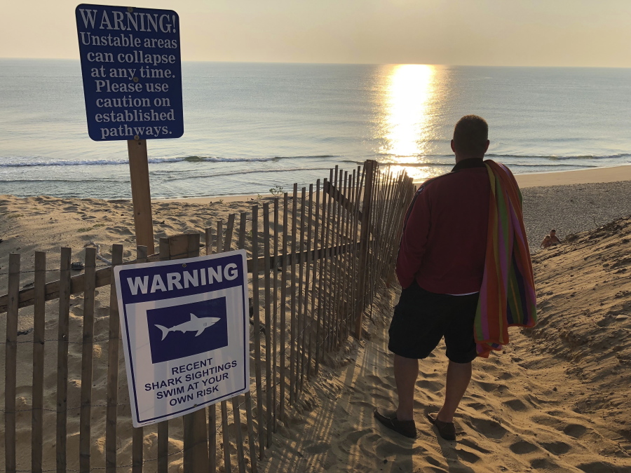 Steve McFadden, 49, of Plattsburgh, N.Y. gazes at Long Nook Beach in Truro, Mass., on Thursday. Authorities closed the Cape Cod beach to swimmers after a man was attacked by a shark on Wednesday, the first attack on a person in Massachusetts since 2012. The unidentified victim survived the attack and was airlifted to a Boston hospital. (AP Photo/William J.