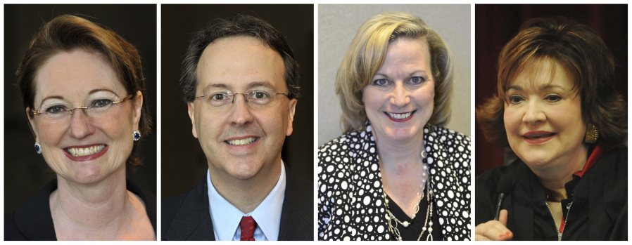 This combination of photos shows West Virginia state Supreme Court justices, from left, Robin Davis on Oct. 3, 2012, Allen Loughry on Oct. 3, 2012, Beth Walker on March 16, 2016 and Margaret Workman on Dec. 29, 2008. The West Virginia House of Delegates is considering impeachment articles against all four justices.