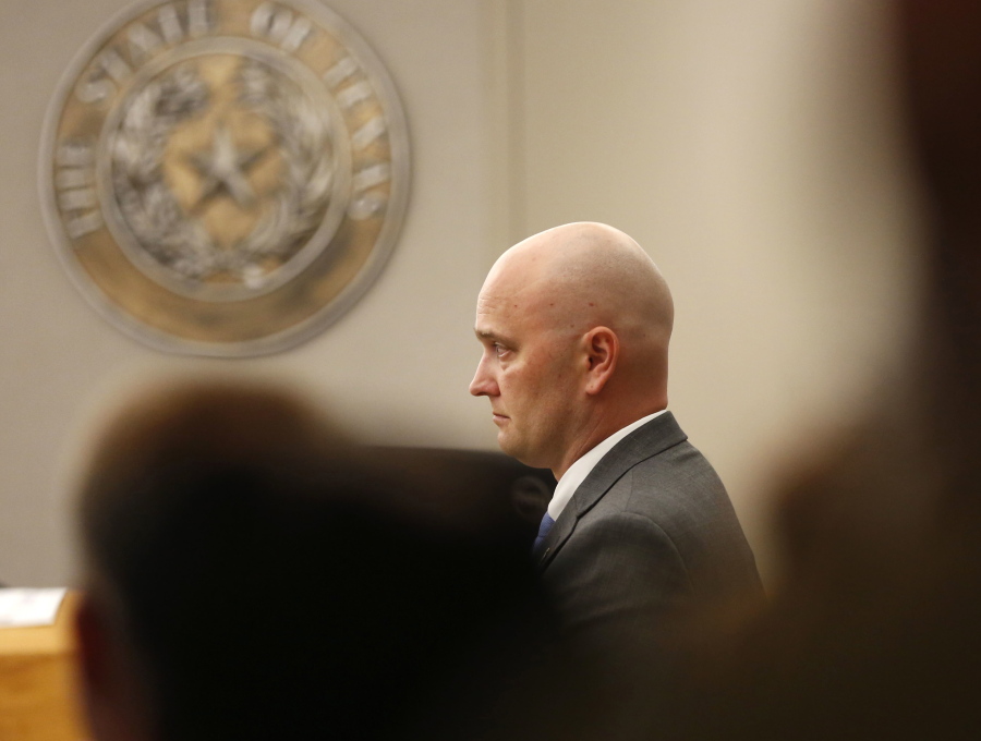 Defendant Roy Oliver, former Balch Springs police officer who is charged with the murder of 15-year-old Jordan Edwards, stands during the defense’s closing arguments in his trial at the Frank Crowley Courts Building in Dallas on Monday.
