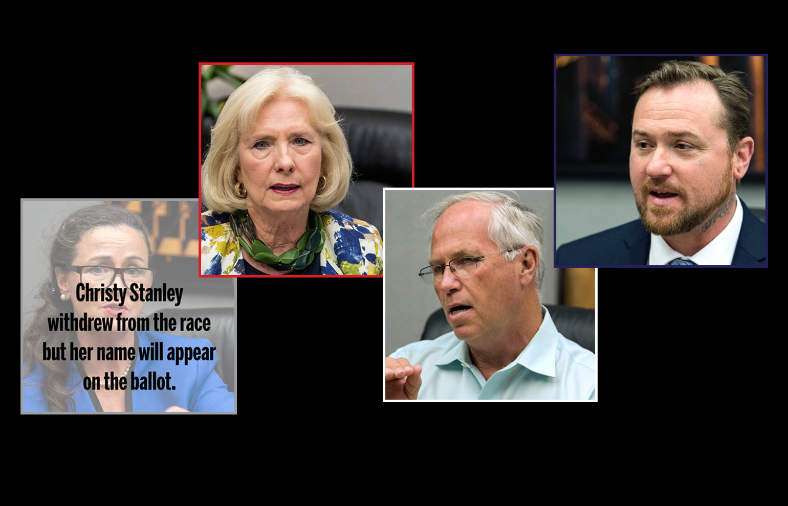 Clark County Council Chair candidates, clockwise from top left, Eileen Quiring, Eric Holt, incumbent Marc Boldt, and Christy Stanley, who officially withdrew from the race.
