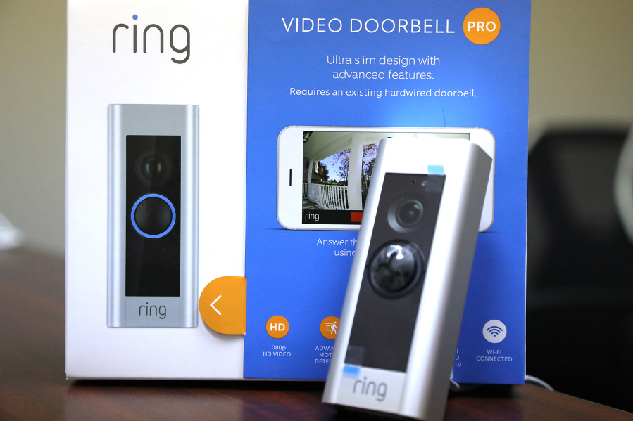 The Ring doorbell, sold at Prudential Alarm by Security System Specialist Rachel Murray, at her office in Oak Park, Mich., on Aug. 21. Kimberly P.