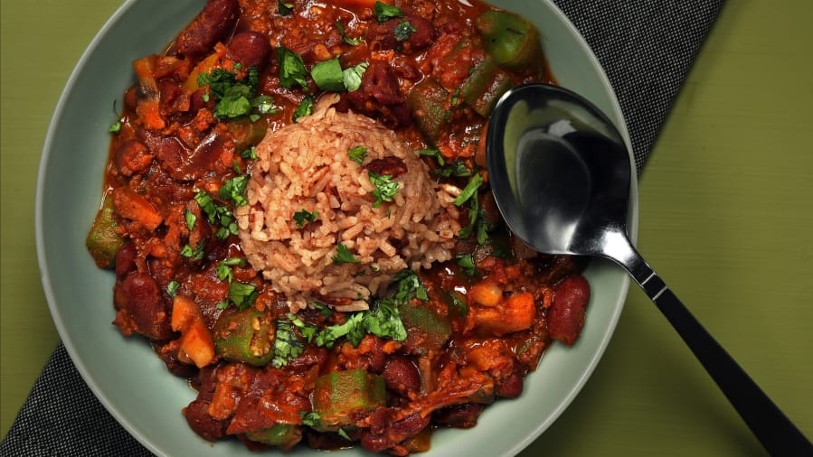 The Red Beans and Chorizo Stew tastes great topped with a scoop of red rice. Okra gives the stew additional texture.
