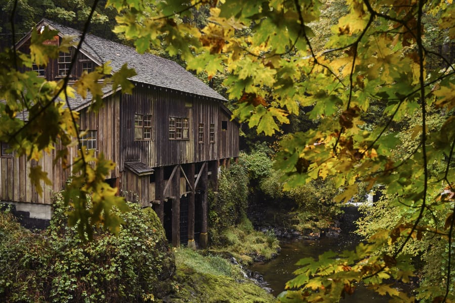The Cedar Creek Grist Mill in Woodland is seen through changing autumn leaves, Tuesday October 17, 2017.
