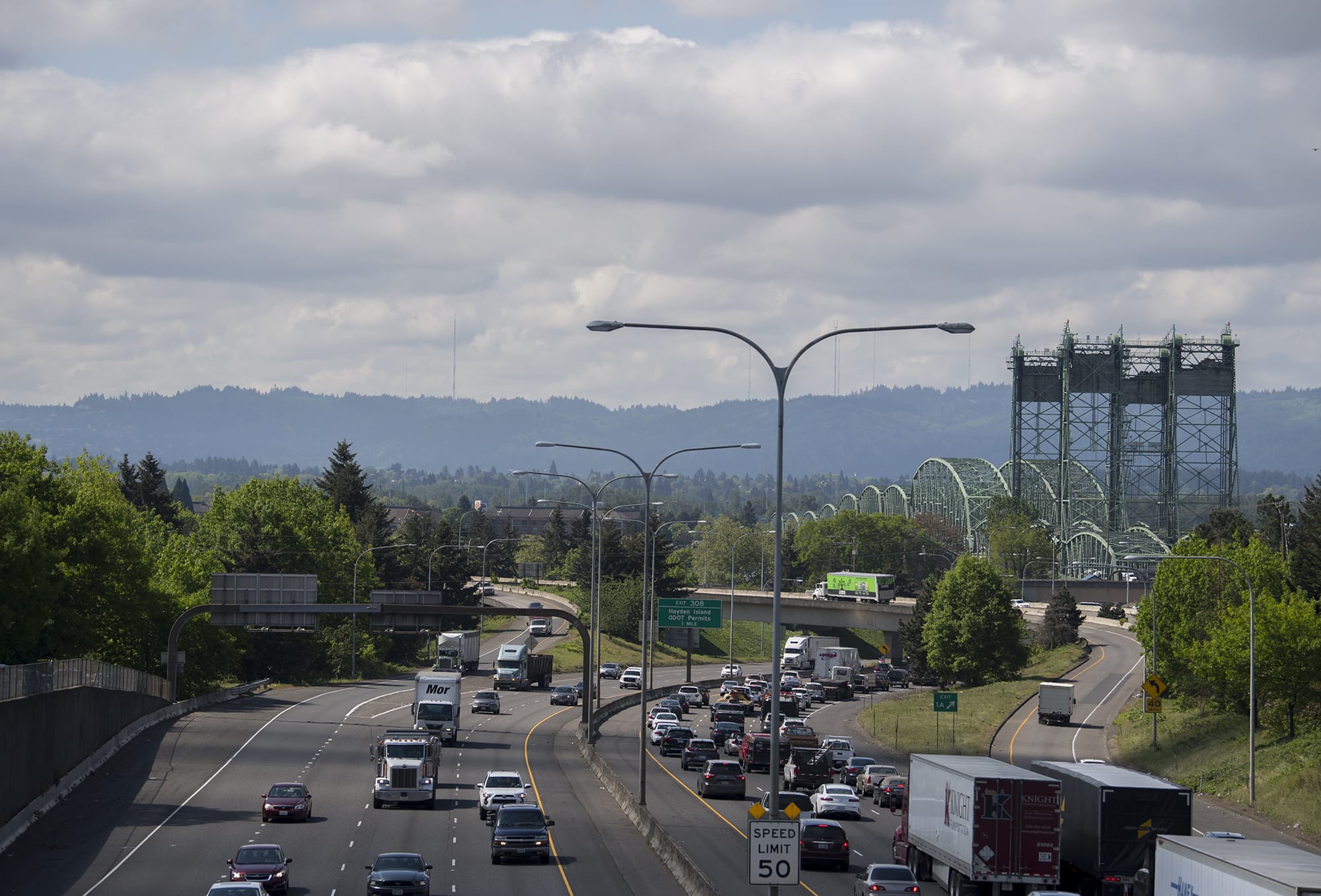 Traffic approaches the Interstate 5 Bridge on a morning in May.