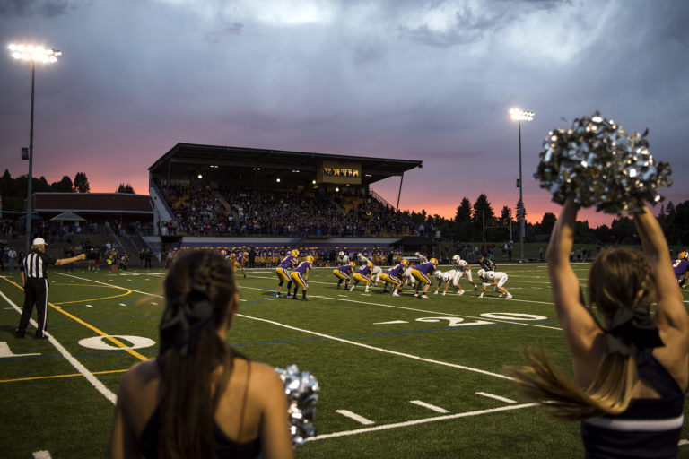 Columbia River and Skyview face off at the line of scrimmage during Friday night's game at Columbia River High School in Vancouver on Sept. 7, 2018.