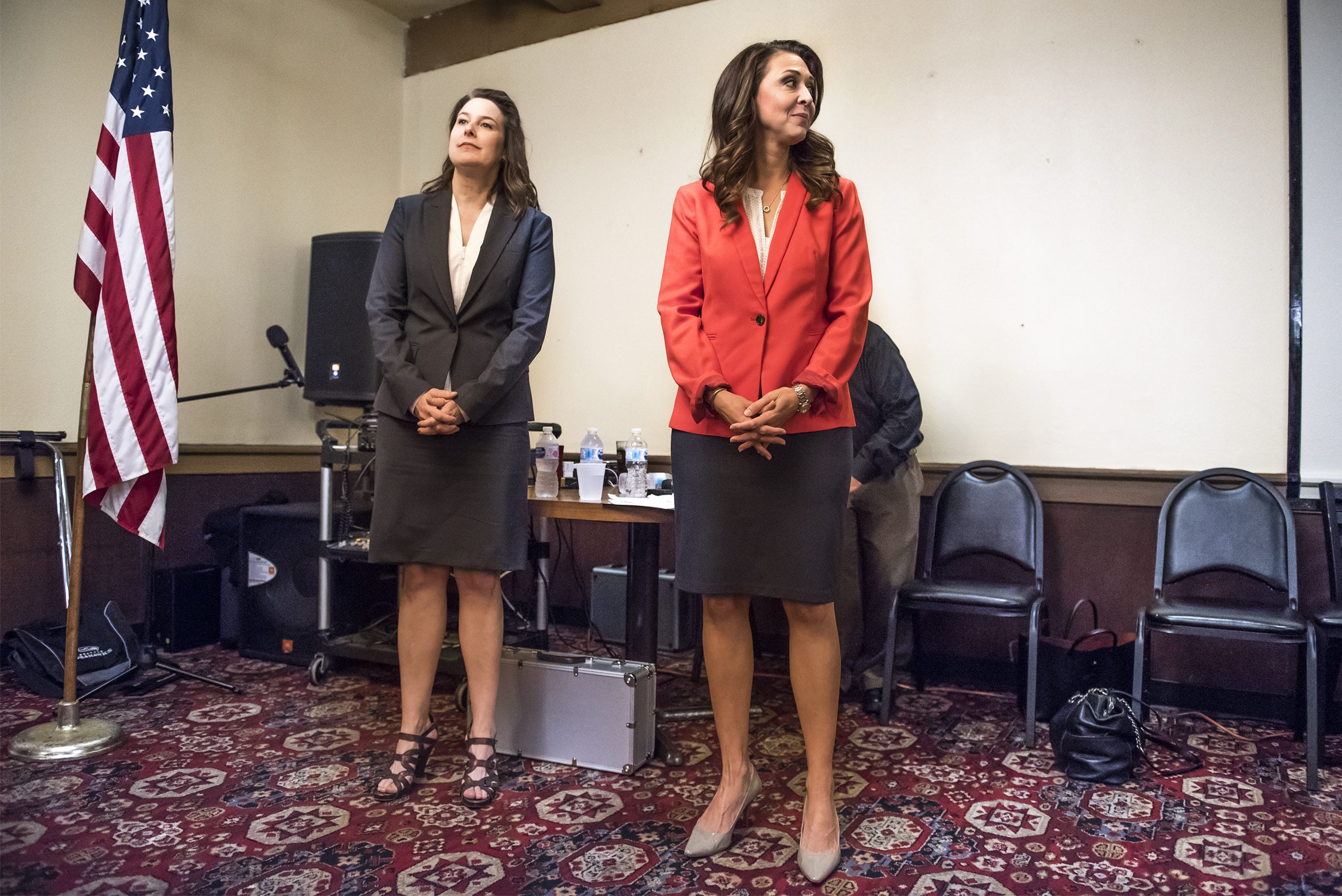 Candidate Carolyn Long, left, and Incumbent U.S. Rep. Jaime Herrera Beutler, R-Battle Ground, wait for the beginning of the 3rd Congressional Candidate Forum hosted by the Woodland Chamber of Commerce at the Oaktree Restaurant in Woodland on Tuesday afternoon, Sept. 18, 2018.