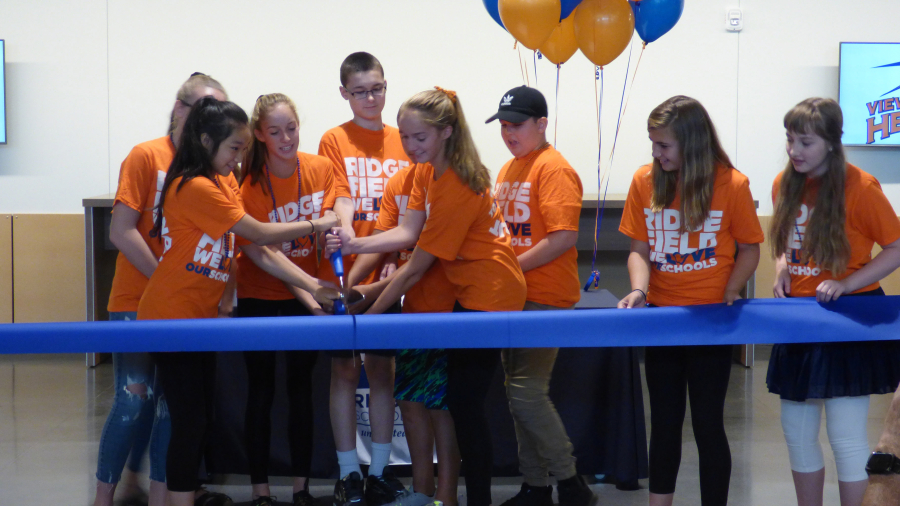 Ridgefield: View Ridge Middle School students participate in a ribbon-cutting ceremony for Ridgefield School District’s new grades five through eight campus, the new Sunset Ridge Intermediate School.