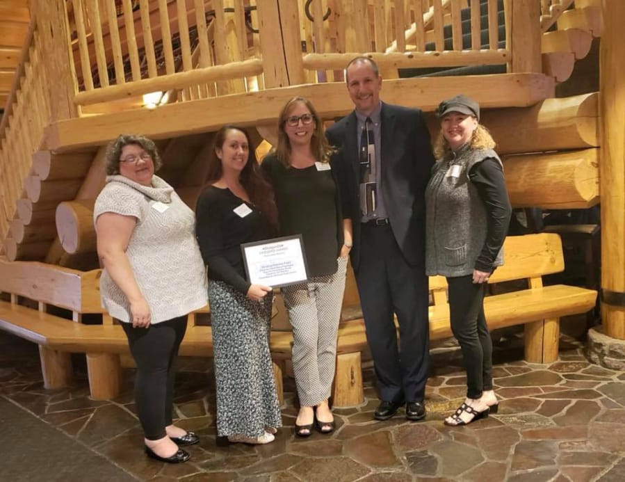 Vancouver Mall: The Housing Stability Fund earned recognition in the Nonprofit Excellence Awards. From left: Evergreen School District Foundation Secretary Kari Colter, Shannon Powell, interim president of the foundation, Melanie Green, administrator for Evergreen Public Schools’ Family Community Resource Centers, Evergreen Public Schools Superintendent John Steach and Rebecca Bafus, Evergreen foundation administrative assistant.