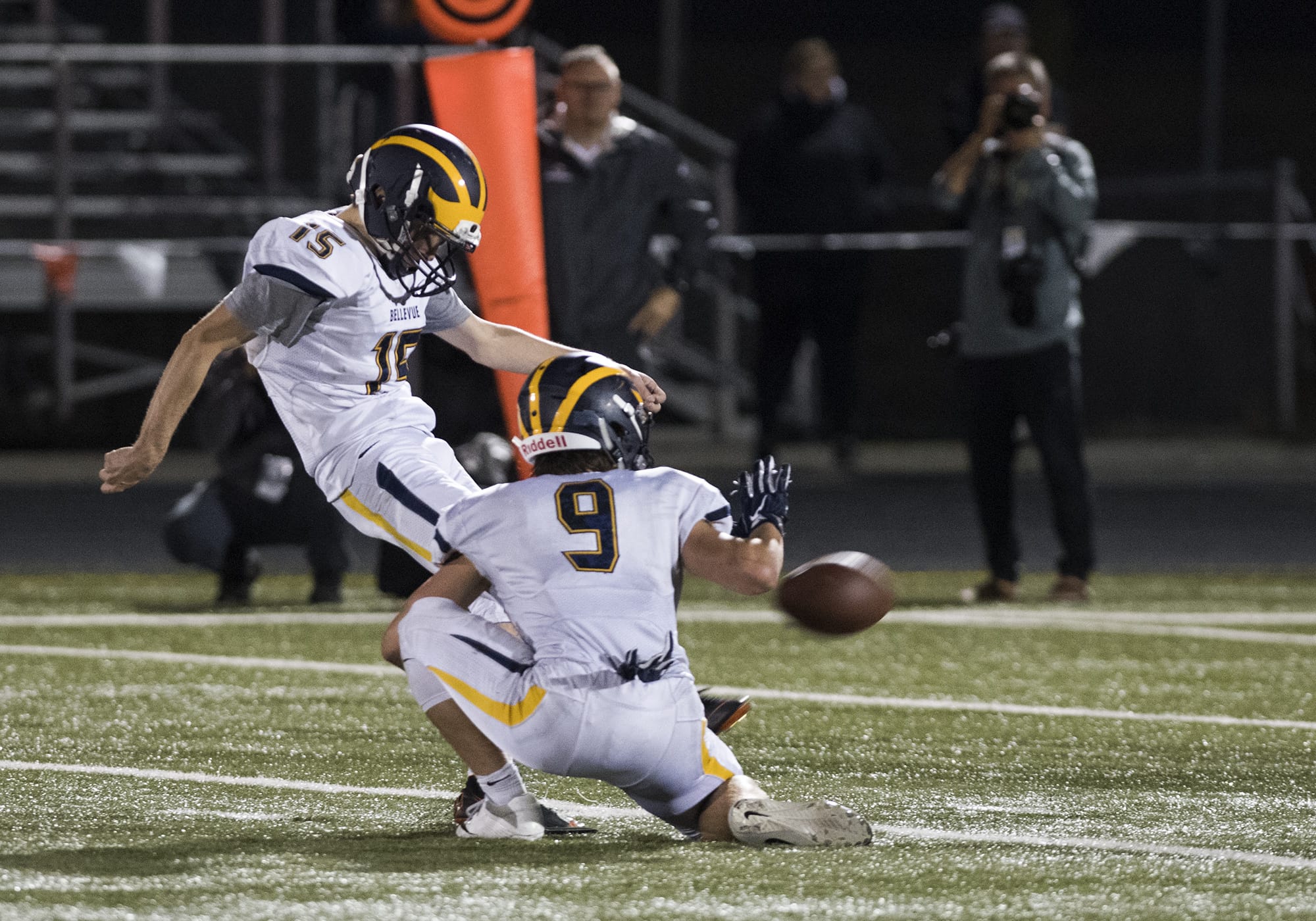 Bellevue's Jed Michael (15) kicks a field goal to beat Camas 38-25. Bellevue's football program is on the rebound after facing sanctions for violations that included recruiting of players.