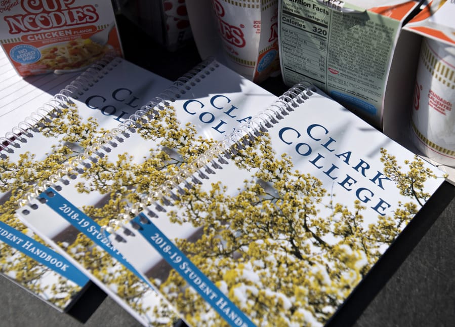 Snacks and student handbooks are seen during the first day of classes at Clark College on Monday morning. Though enrollment is declining overall on campus, some areas of the college are growing, like its online classes and Running Start program.