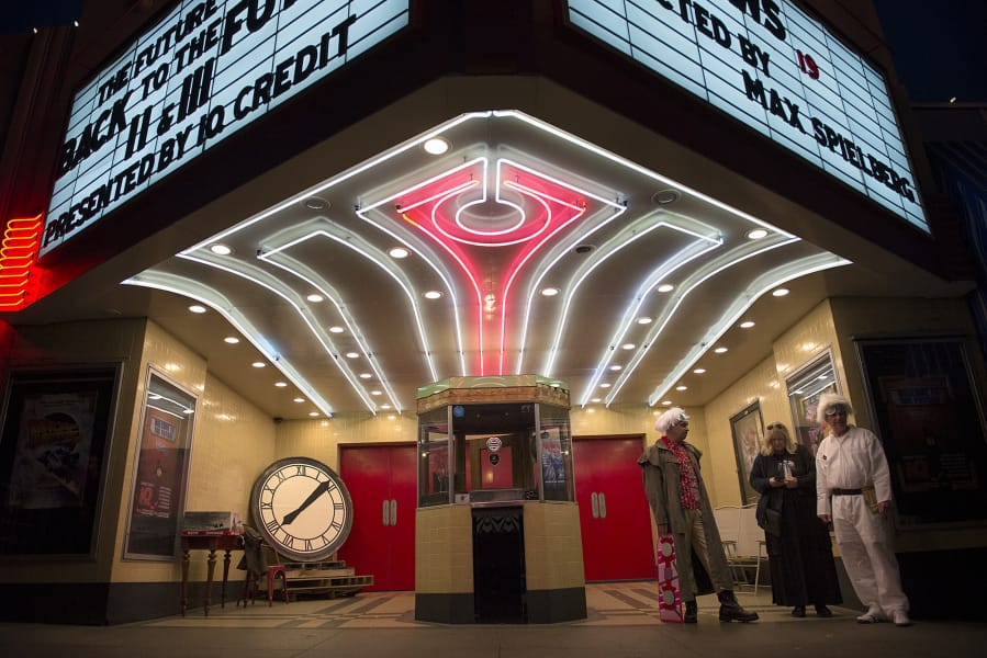 Its grand foyer and lit-up marquee are among the touches that prompted people to call the Kiggins Theatre a masterpiece of design when it opened in 1936. This photo, taken in 2015, features Kiggins owner Dan Wyatt, left, and some other costumed fans of the “Back to the Future” trilogy.